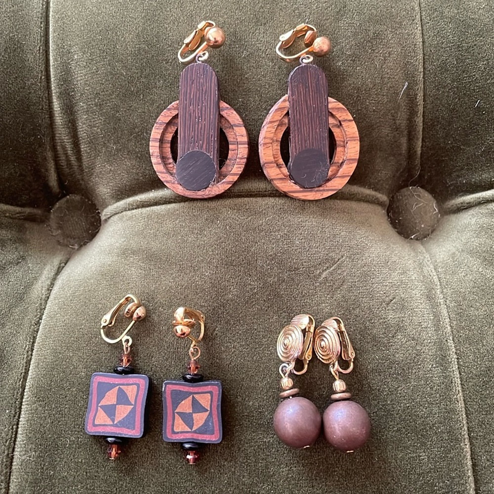 Three Pairs of Clip-On Wooden Earrings w/Gold Tone Accents
